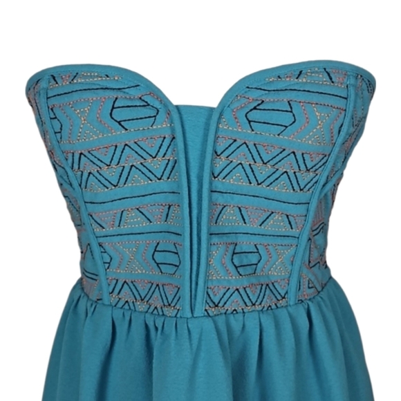 Vintage 80's Embroidered Dress Teal Blue Green Turquoise Boho Western - Picture 7 of 8